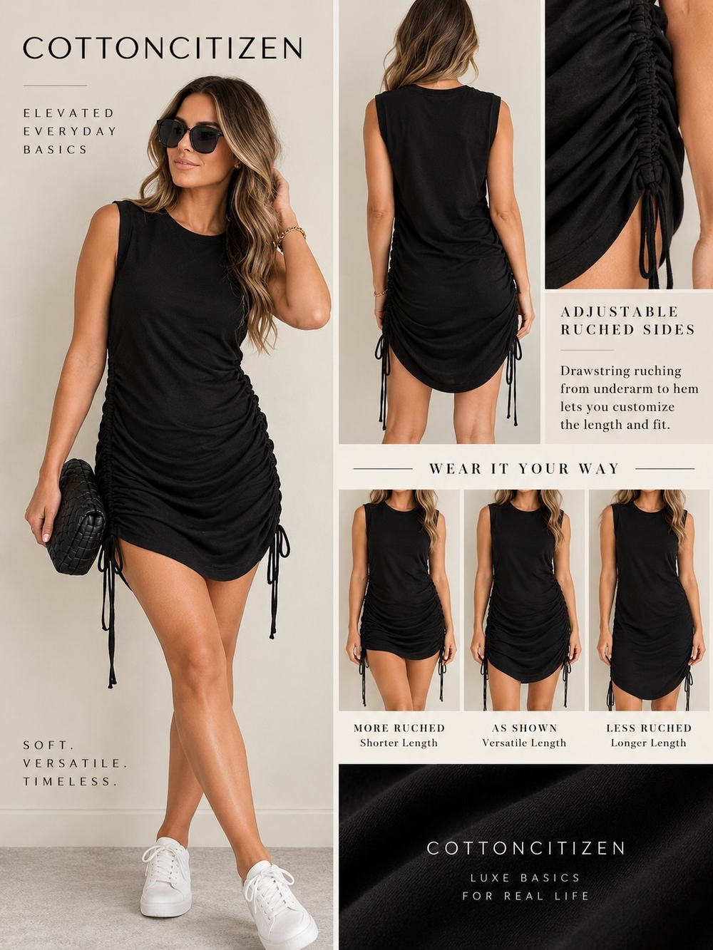 Cotton Citizen Black Ruched Drawstring T-Shirt Mini Dress Size Small NWOT
